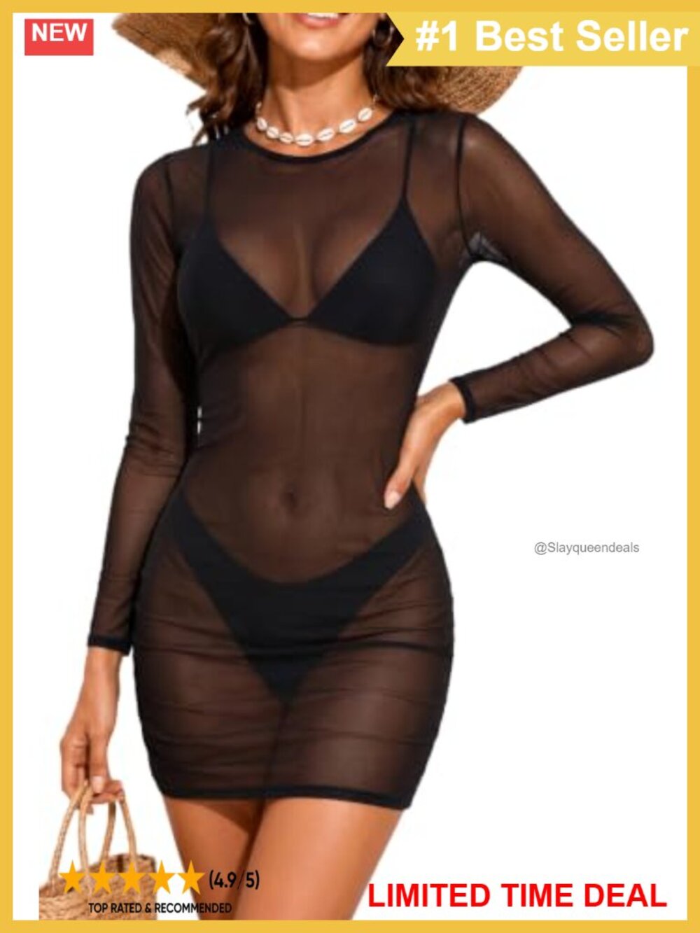 Sheer Mesh Long Sleeve Bodycon Cover-Up Crewneck Stretch Swimwear